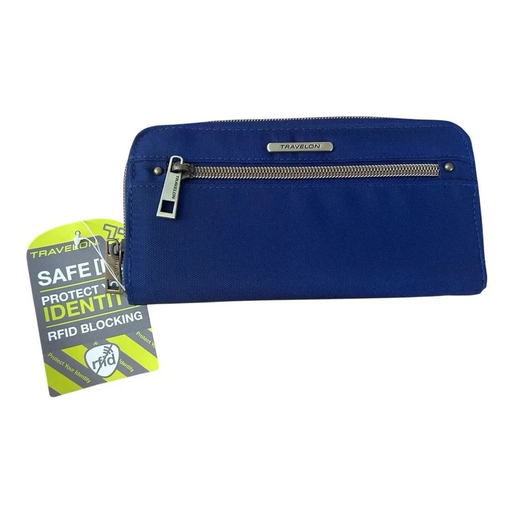 Travelon Zip Around Wristlet Wallet Safe ID RFID Blocking Teal Blue With Strap